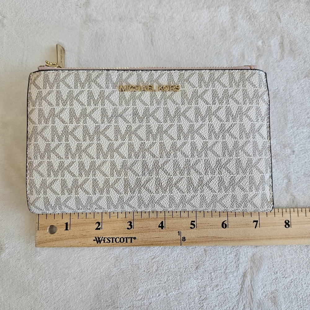 Michael Kors Jet Set Travel Double Zip Phone Wristlet MK White Logo Pink